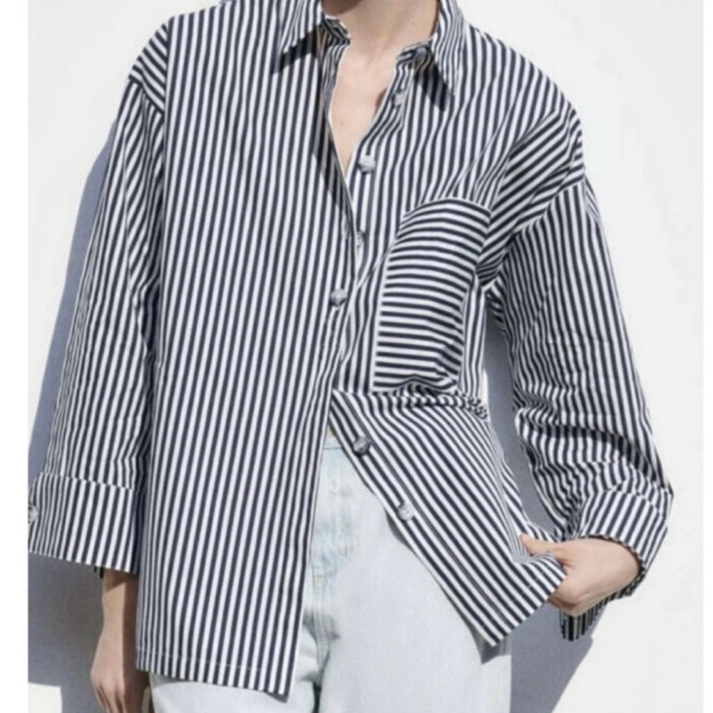 Zara Poplin Strips Button Oversized - image 3